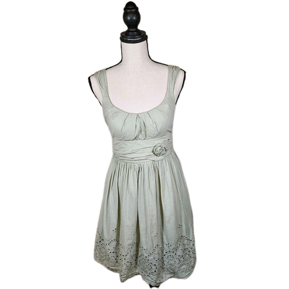 Women SZ 5 Sage Green Dress Flower Tie Waist &Tulle Layer,Holiday,Vacation,Party